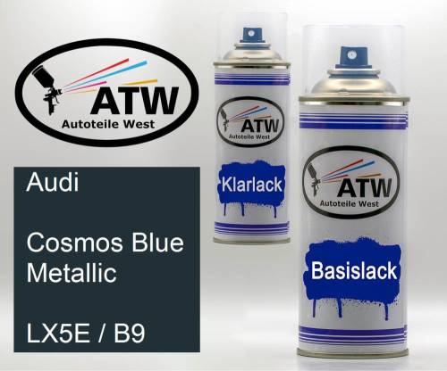 Audi, Cosmos Blue Metallic, LX5E / B9: 400ml Sprühdose + 400ml Klarlack - Set, von ATW Autoteile West.